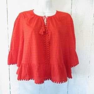 Madewell Top L Large Red Cropped 3/4 Bell Sleeve Popover